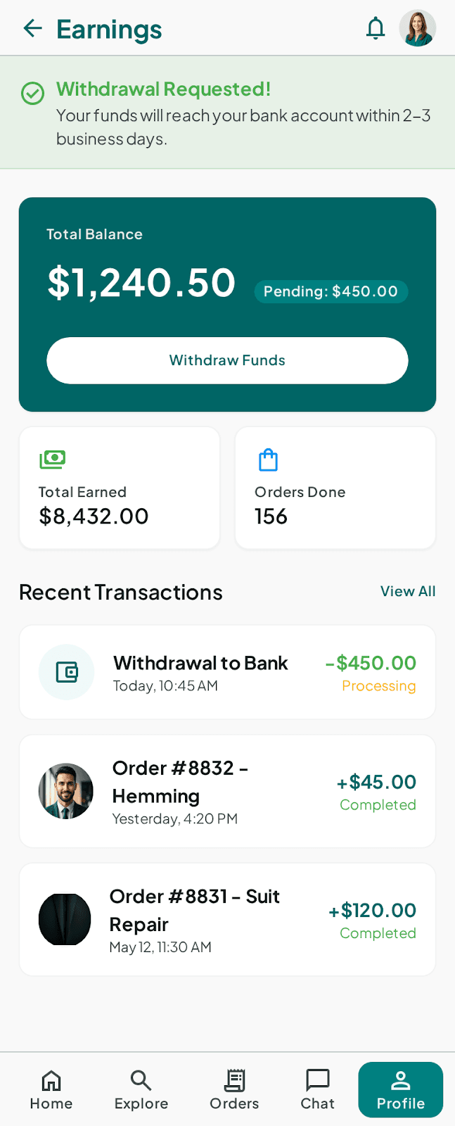Payouts screen