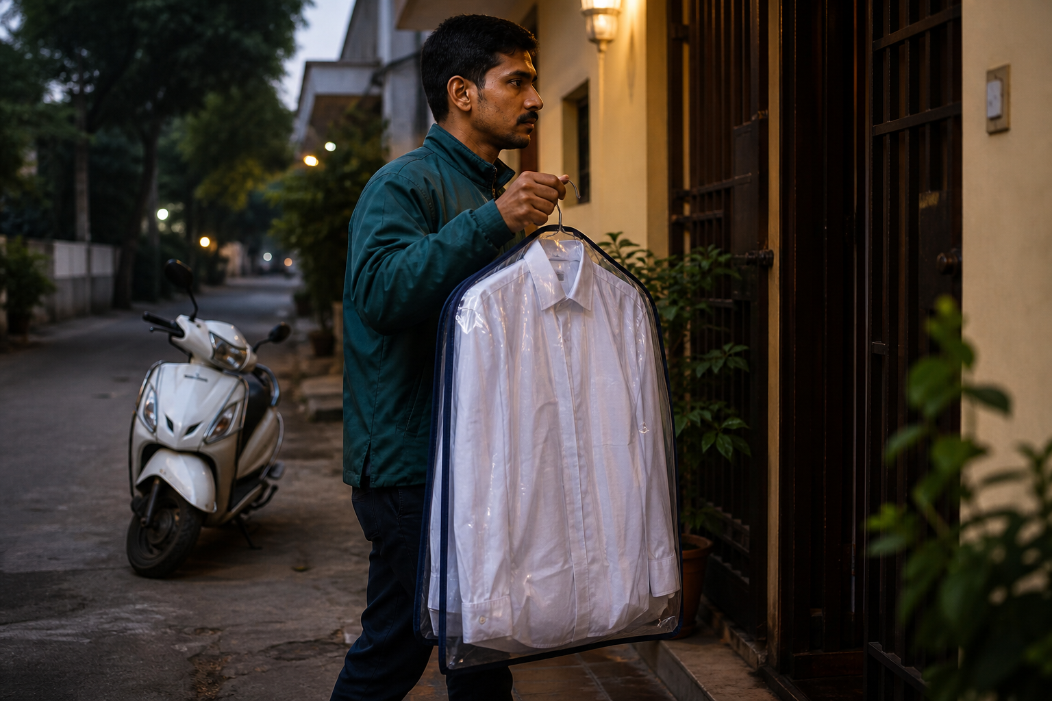 Courier carrying pressed shirts to the door