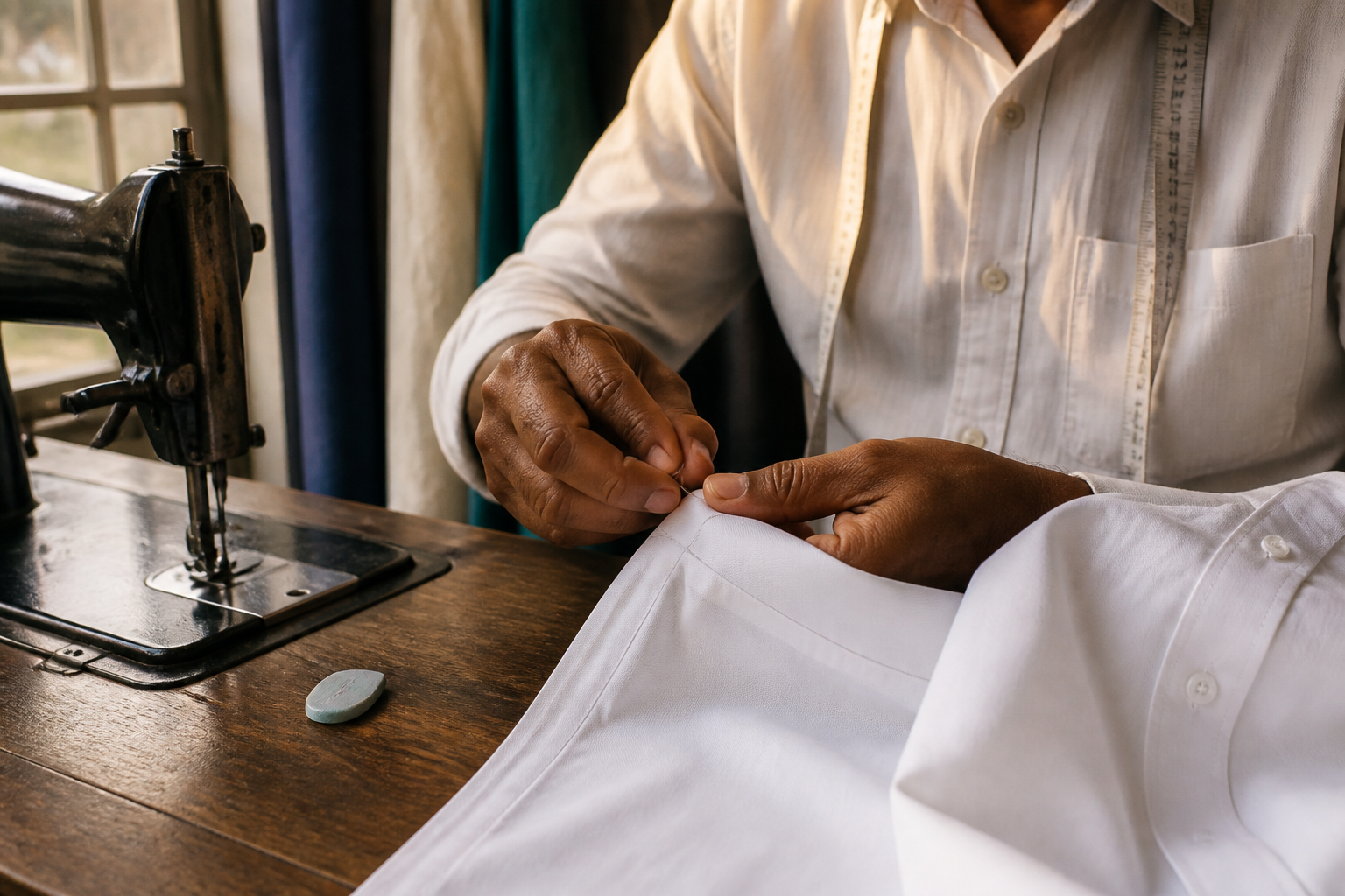 Tailor stitching the hem of a white shirt